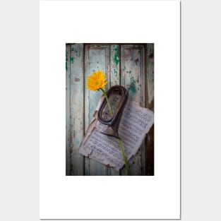 Old Horn And Sunflower On Old Door Posters and Art